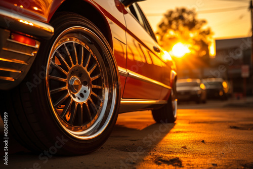 beautiful chrome wheels on a retro car sun light. generative ai © Fukume