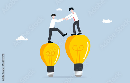 Transferring knowledge or experience to new employee or junior in workplace, mentorship concept, Senior businessman pulling junior up to bigger idea lightbulb.