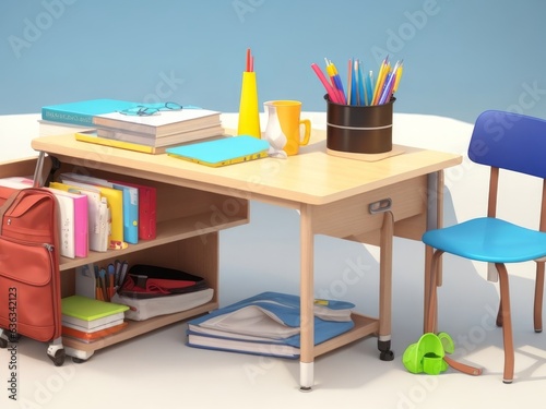 School desk with bag and school accessory on with copy space 3D Rendering, 3D Illustration 