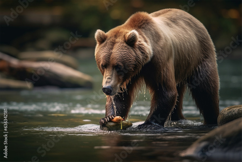 Grizzly bear fishing in the river. Wildlife scene from nature.
