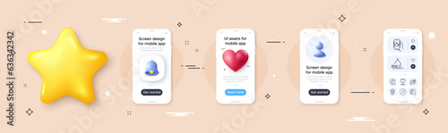 Food delivery, Mineral oil and Face biometrics line icons pack. Phone screen mockup with 3d bell, star and placeholder. Like app, Selfie stick, Approved award web icon. Vector