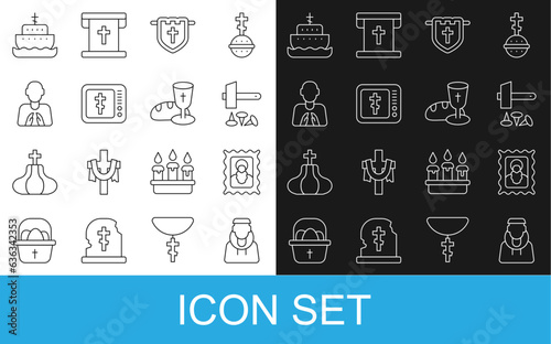 Set line Monk, Christian icon, Crucifixion of Jesus, Flag with christian cross, Online church pastor preaching, Hands praying position, Ark noah and Goblet bread icon. Vector