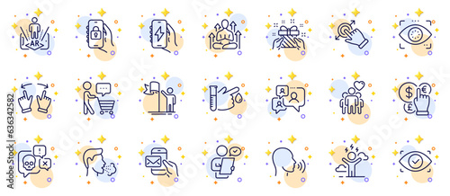 Fototapeta Naklejka Na Ścianę i Meble -  Outline set of Customer survey, Cyber attack and Cough line icons for web app. Include Money currency, Charging app, Move gesture pictogram icons. Messenger mail, Support chat. Vector