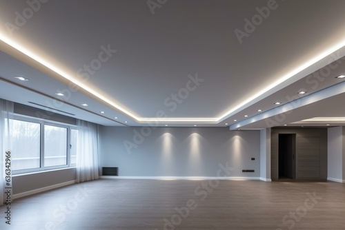 LED strip light on suspended ceiling with down light in empty living room. Interior design with technology. Generative AI