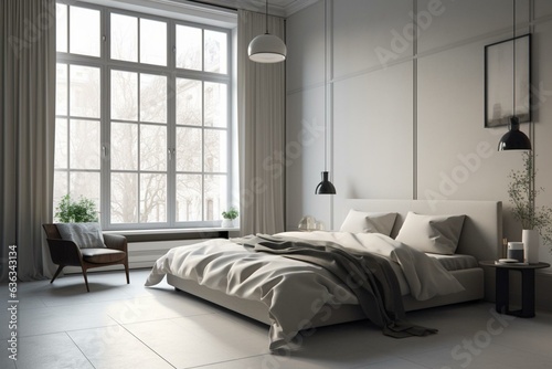 Minimalist urban bedroom with pale tones. Generative AI © Edward