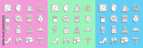 Set line Umbrella for beach, Croissant, Castle in the shape of heart, Cheese, Coffee cup, French baguette bread, and Windmill icon. Vector
