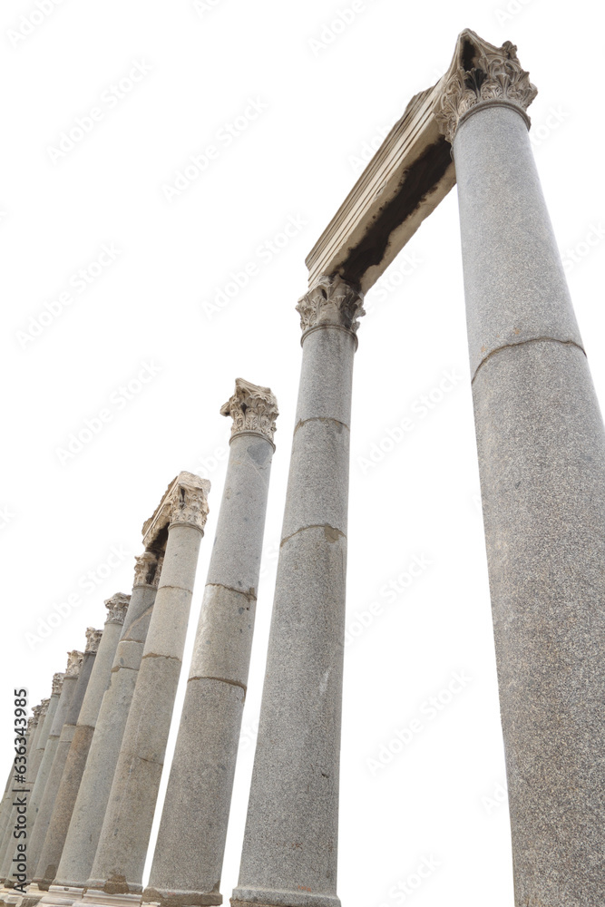 Ancient greek temple pillars. Marble columns isolated on white transparent background, high