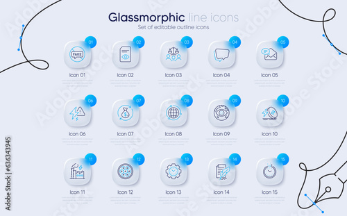 Set of Electricity factory, Feather signature and New mail line icons for web app. Time management, Fake news, View document icons. Time, Court jury, Lightning bolt signs. Change money. Vector