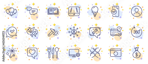 Outline set of Education, Ice cream and 360 degrees line icons for web app. Include Heart, Headshot, Networking pictogram icons. Food, Spanner, Gps signs. Monitor settings, Fireworks, Delivery. Vector