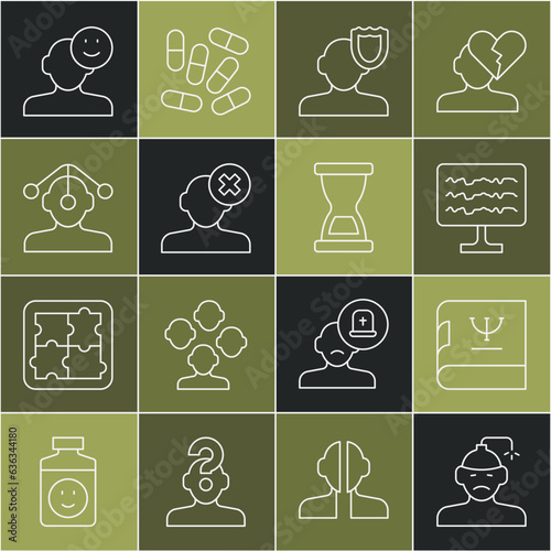 Set line Concussion, headache, Psychology book, Encephalogram, Solution problem in psychology, Hypnosis, Good mood and Old hourglass icon. Vector