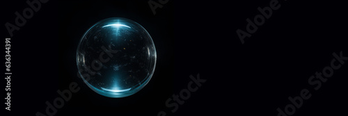 Glas Kugel transparent im dunklen Raum als Querformat für Banner und Hintergrundmotiv, ai generativ
