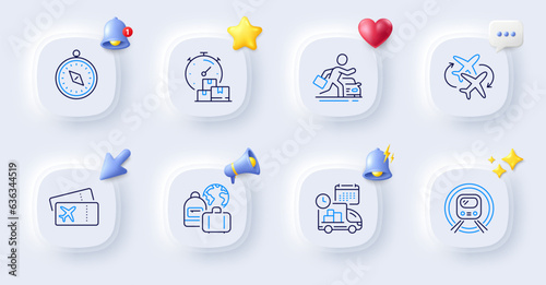 Baggage, Travel compass and Car rental line icons. Buttons with 3d bell, chat speech, cursor. Pack of Metro subway, Connecting flight, Delivery icon. Fast delivery, Boarding pass pictogram. Vector