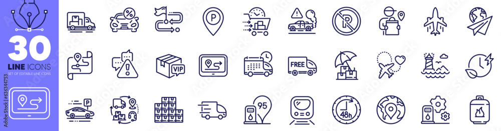 Plane, Delivery man and Lighthouse line icons pack. Parking, Honeymoon travel, Supply chain web icon. Car leasing, Delivery insurance, Warning pictogram. Vip parcel, Truck transport, Pin. Vector Plane, Delivery man and Lighthouse line icons pack. Parking, Honeymoon travel, Supply chain web icon. Car leasing, Delivery insurance, Warning pictogram. Vip parcel, Truck transport, Pin. Vector