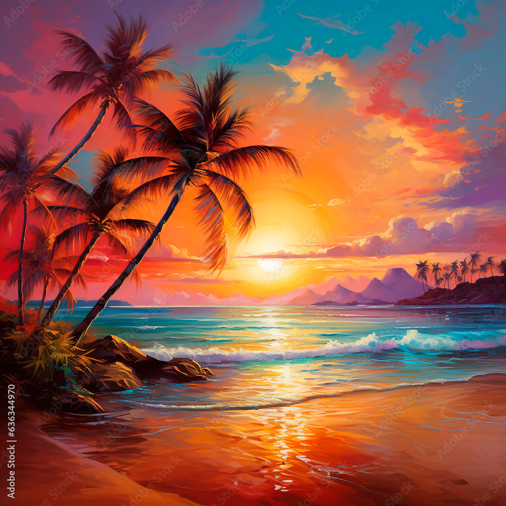 sunset/sunrise on the ocean/sea beach with palm trees created with Generative Ai
