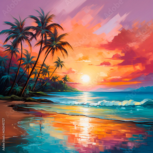 sunset/sunrise on the ocean/sea beach with palm trees created with Generative Ai