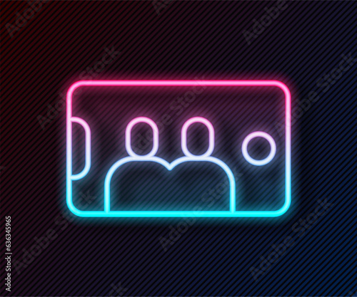 Glowing neon line Selfie on mobile phone icon isolated on black background. Romantic self portrait, young friends taking selfie photo at smartphone. Vector