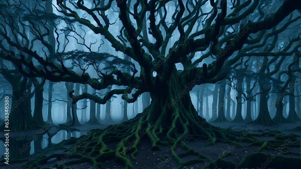 Obraz premium A majestic centenary tree stands tall in the middle of a lush, green forest.