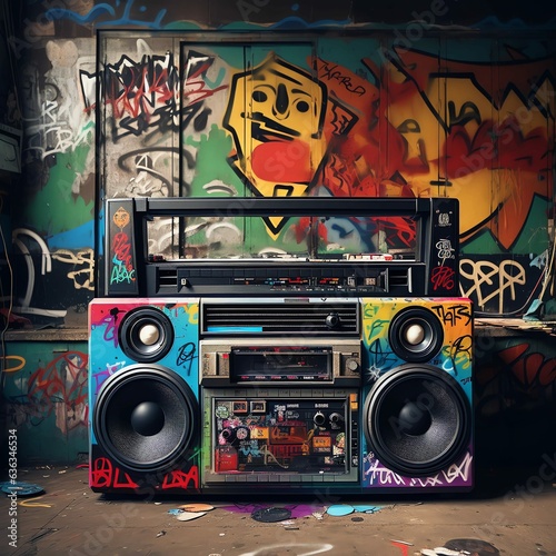 music background with speakers, a colorfully decorated electronic boom box sits on the pavement of an outdoor skate park