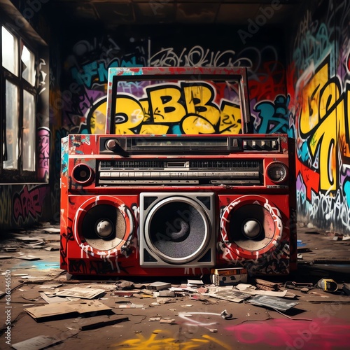 background,a colorfully decorated electronic boom box sits on the pavement of an outdoor skate park