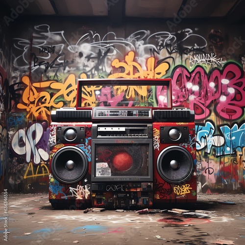 music background, a colorfully decorated electronic boom box sits on the pavement of an outdoor skate park photo
