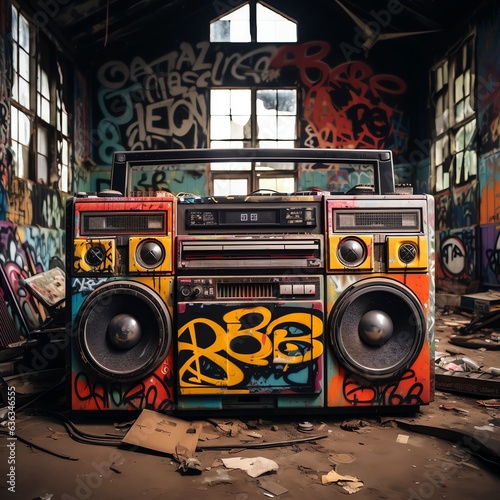 a colorfully decorated electronic boom box sits on the pavement of an outdoor skate park