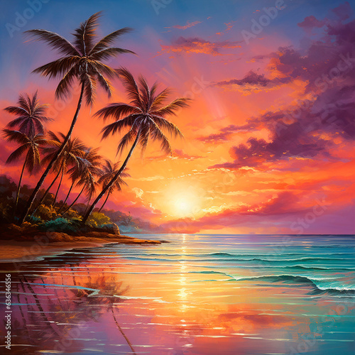sunset/sunrise on the ocean/sea beach with palm trees created with Generative Ai