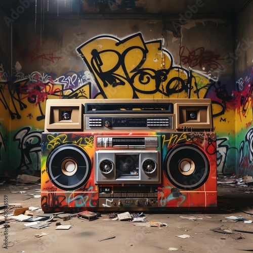 retro music background, a colorfully decorated electronic boom box sits on the pavement of an outdoor skate park
