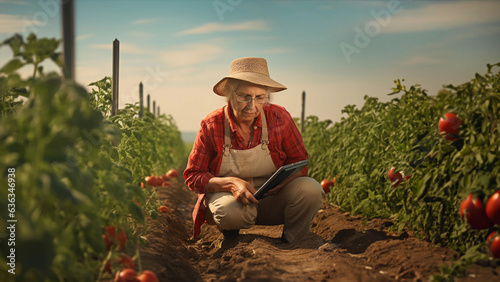 Elderly female farmer with glasses and a hat using a digital tablet near ripe tomato plants. Concept of tech integration in agriculture for quality monitoring, use of new technologies by older people