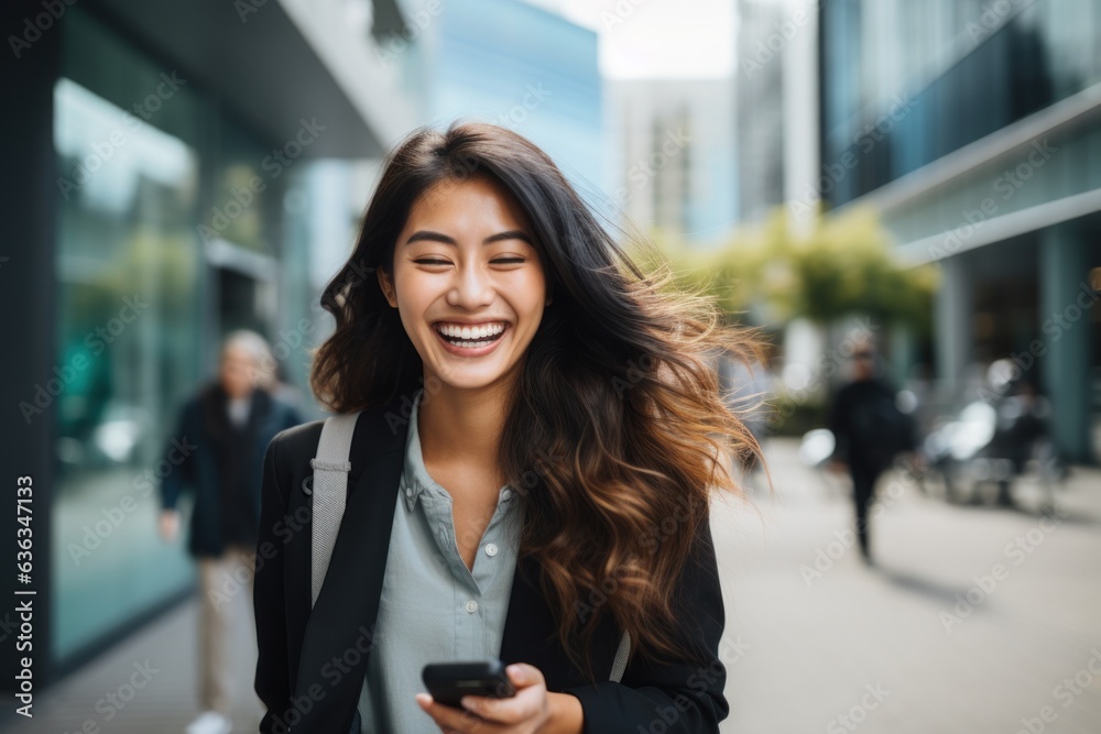 Busy young professional Asian businesswoman holding mobile phone walking on a big city street. Busy young professional Asian businesswoman holding mobile phone walking on a big city street.
