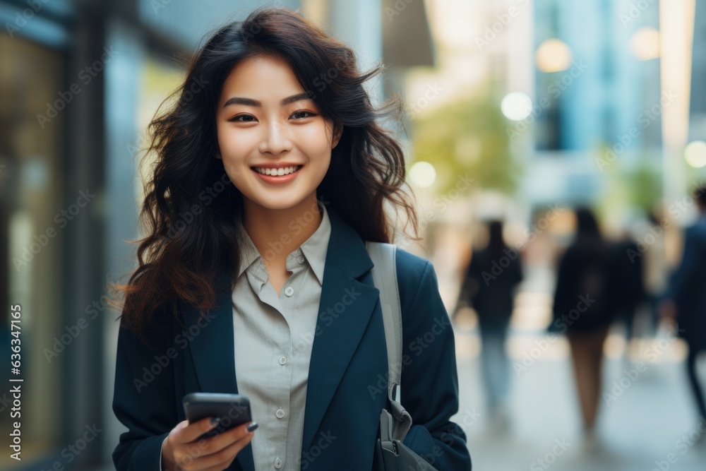 Busy young professional Asian businesswoman holding mobile phone walking on a big city street. Busy young professional Asian businesswoman holding mobile phone walking on a big city street.