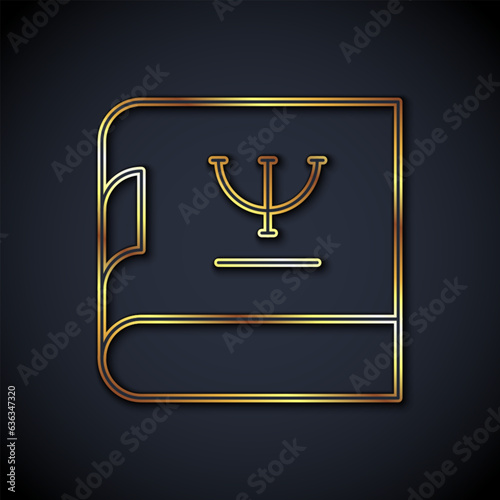 Gold line Psychology book icon isolated on black background. Psi symbol. Mental health concept, psychoanalysis analysis and psychotherapy. Vector