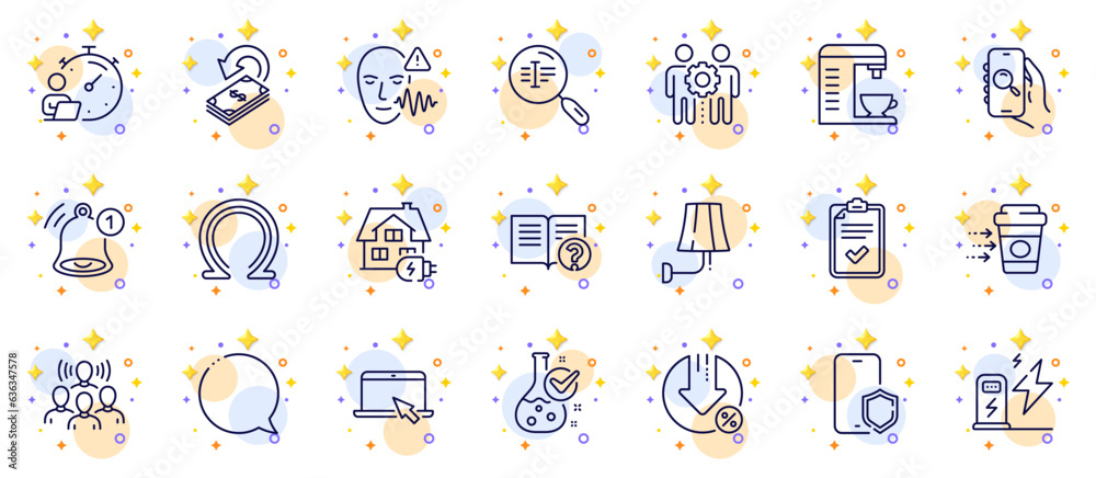 Outline set of Phone protect, Team work and Coffee machine line icons for web app. Include Checklist, Chemistry lab, Search text pictogram icons. Home charging, Cashback, Search app signs. Vector Outline set of Phone protect, Team work and Coffee machine line icons for web app. Include Checklist, Chemistry lab, Search text pictogram icons. Home charging, Cashback, Search app signs. Vector
