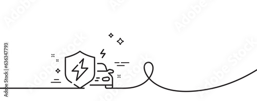 Car charging line icon. Continuous one line with curl. EV vehicle charge sign. Electric power shield symbol. Car charging single outline ribbon. Loop curve pattern. Vector