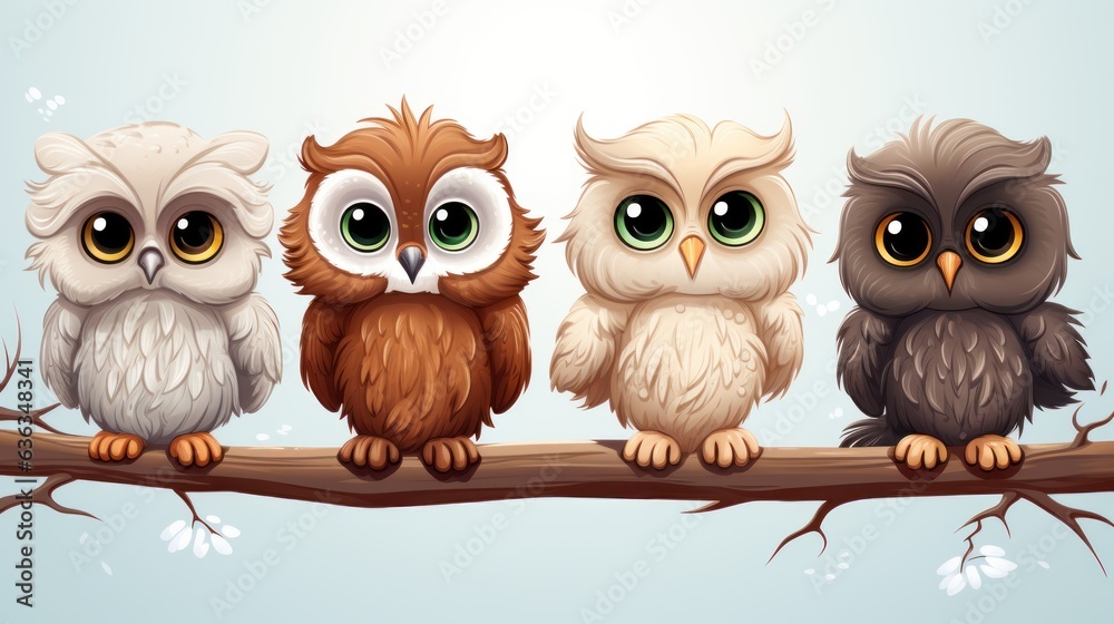 Cute owl birds set. Funny owlets, feathered animals, sitting on tree branches and watching