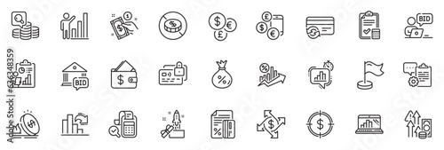 Icons pack as Currency rate  No cash and Dollar target line icons for app include Decreasing graph  Online auction  Wallet outline thin icon web set. Change card  Loan  Report pictogram. Vector