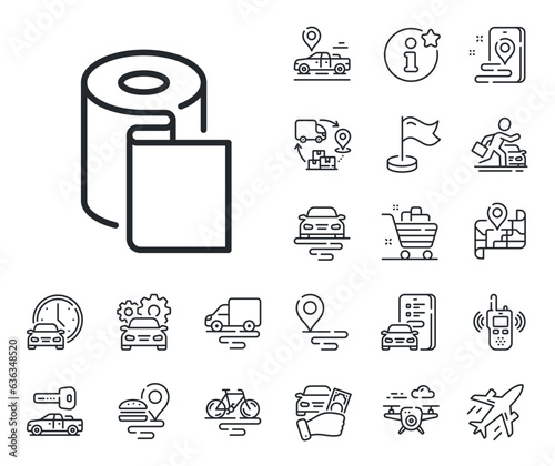 Paper towels sign. Plane, supply chain and place location outline icons. Paper wallpaper line icon. Cling film roll symbol. Paper wallpaper line sign. Taxi transport, rent a bike icon. Vector