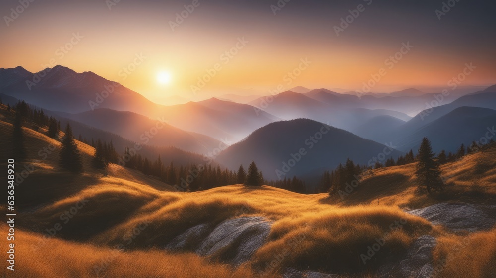Golden sunrise over misty hills. A breathtaking scene of nature with a serene and tranquil mood.