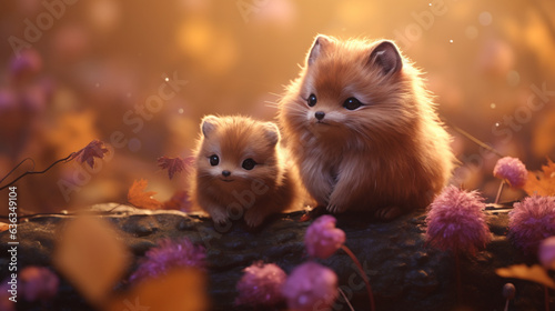 Fototapeta Naklejka Na Ścianę i Meble -  Adorable autumn fantasy critters for desktop backgrounds etc