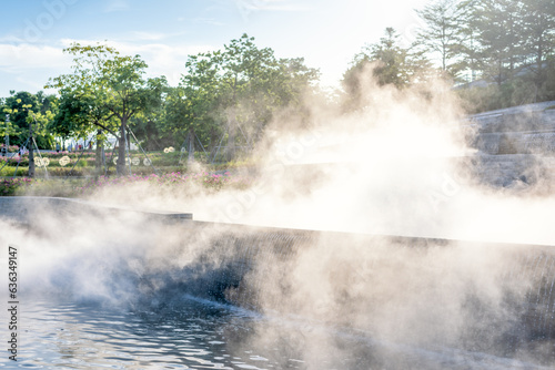 The effect of smoke enveloping the landscape pool