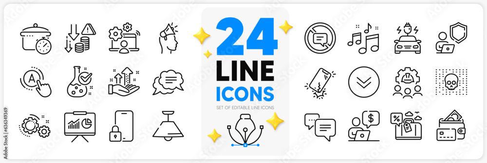 Icons set of Stop talking, Car charging and Music line icons pack for app with Dots message, Ceiling lamp, Engineering team thin outline icon. Cyber attack, Presentation. Design with 3d stars. Vector