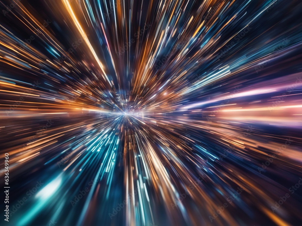 Fototapeta premium Blurred image of a network and microchips emitting light emanating from the center.