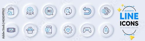 Ph neutral, Gamepad and Teamwork line icons for web app. Pack of Undo, Image carousel, Search pictogram icons. Loyalty points, Ab testing, Product development signs. Packing boxes. Vector