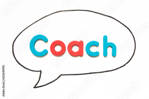 Alphabet letter with word coach in black line hand drawing as bubble speech on white board background