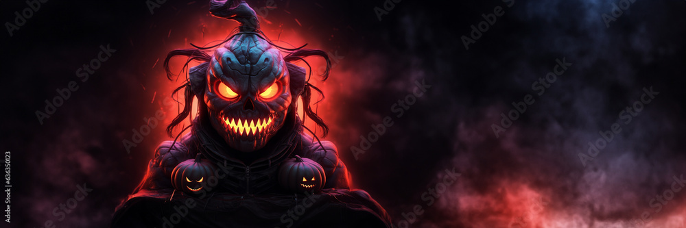 Schöner gruseliger Halloween Kopf Cartoon lacht mit Zähnen und leuchtet als Querformat für Banner, ai generativ Schöner gruseliger Halloween Kopf Cartoon lacht mit Zähnen und leuchtet als Querformat für Banner, ai generativ