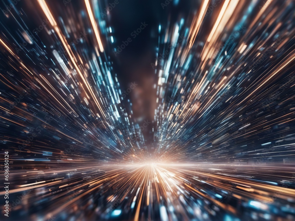 Blurred image of the network and microchips emitting light, all lines converging to a single point Blurred image of the network and microchips emitting light, all lines converging to a single point