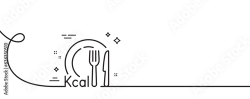 Calories line icon. Continuous one line with curl. Diet kcal sign. Low calorie food symbol. Calories single outline ribbon. Loop curve pattern. Vector