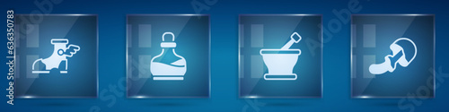 Set Hermes sandal, Bottle with potion, Mortar pestle and Psilocybin mushroom. Square glass panels. Vector