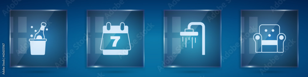 Set Bottle of champagne, Hotel booking calendar, Shower and Armchair. Square glass panels. Vector