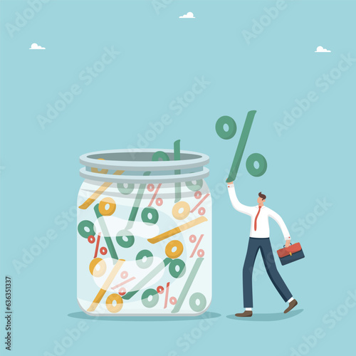 Increasing the investment portfolio, increasing income or savings, creating deposit boxes and receiving interest payments, improving economy and growing GDP, man throws interest in jar with interest.