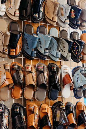 Traditional male sandals are being sold on the traditional market in Saudi Arabia